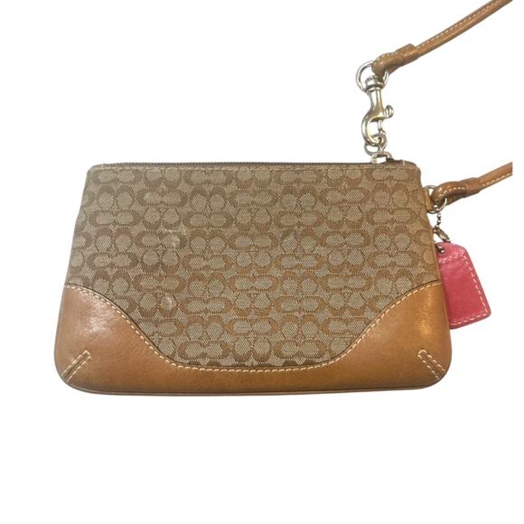 Coach Signature Wristlet Khaki Brown Canvas & Leather Small Pouch - Picture 4 of 5